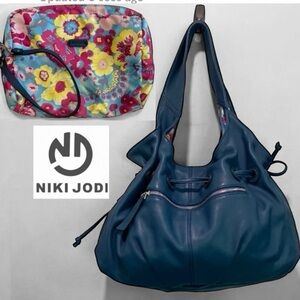 Niki Jodi Blue Hobo Bag with Double Straps and cosmetic bag